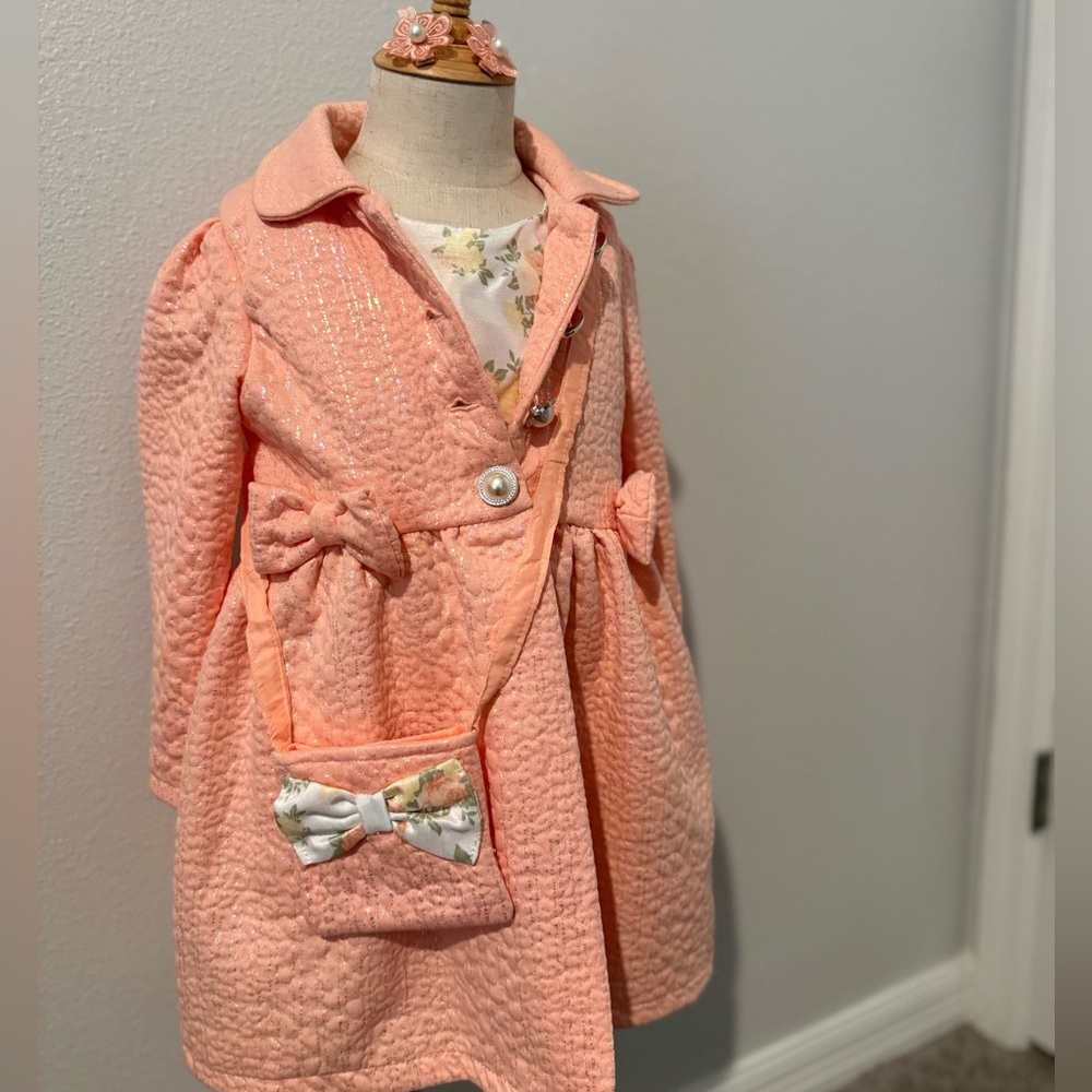 Girls Easter Floral Dress Peach Coat Set w/Purse & Hair Clips NWT 4T